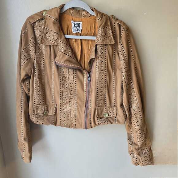 Tan Faux Suede Moto Jacket Size M Embroidered Cropped Boho Lined Biker Jaase - Picture 1 of 7